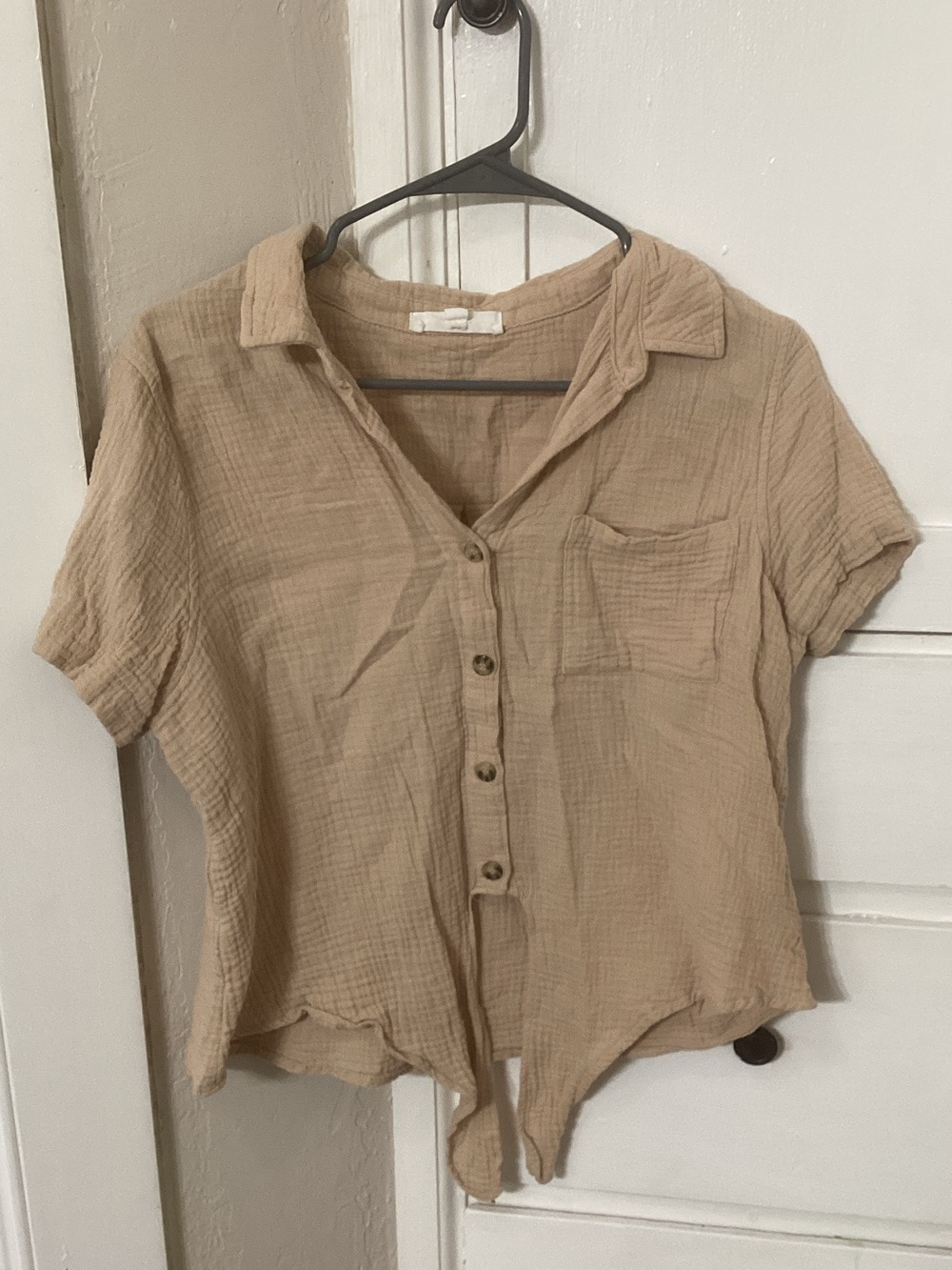 Pink Rose Tan Gauze Button-Front Short Sleeve Top